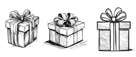 212878304 Vector Set Of Christmas Or Birthday Ornate Present Boxes Simple Line Sketch Isolated On White Sketch